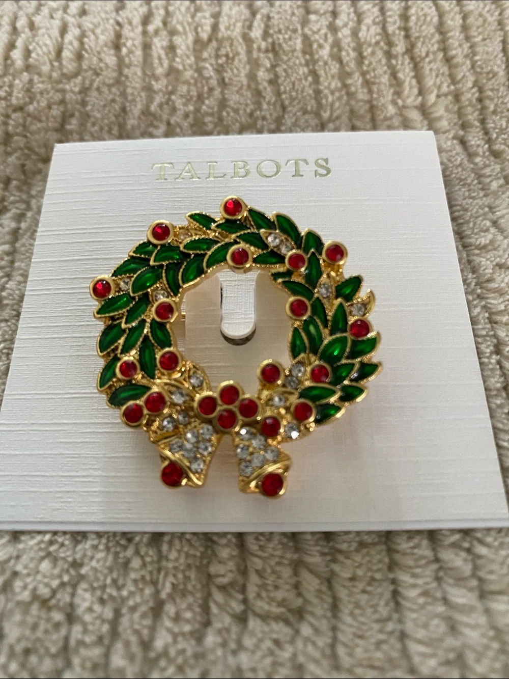 Talbots Gold Tone Wreath Brooch with Green Enamel and Red Accents